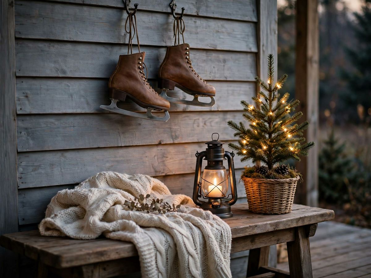 Porch bench vignette with a blanket, a lantern and a small lit tree