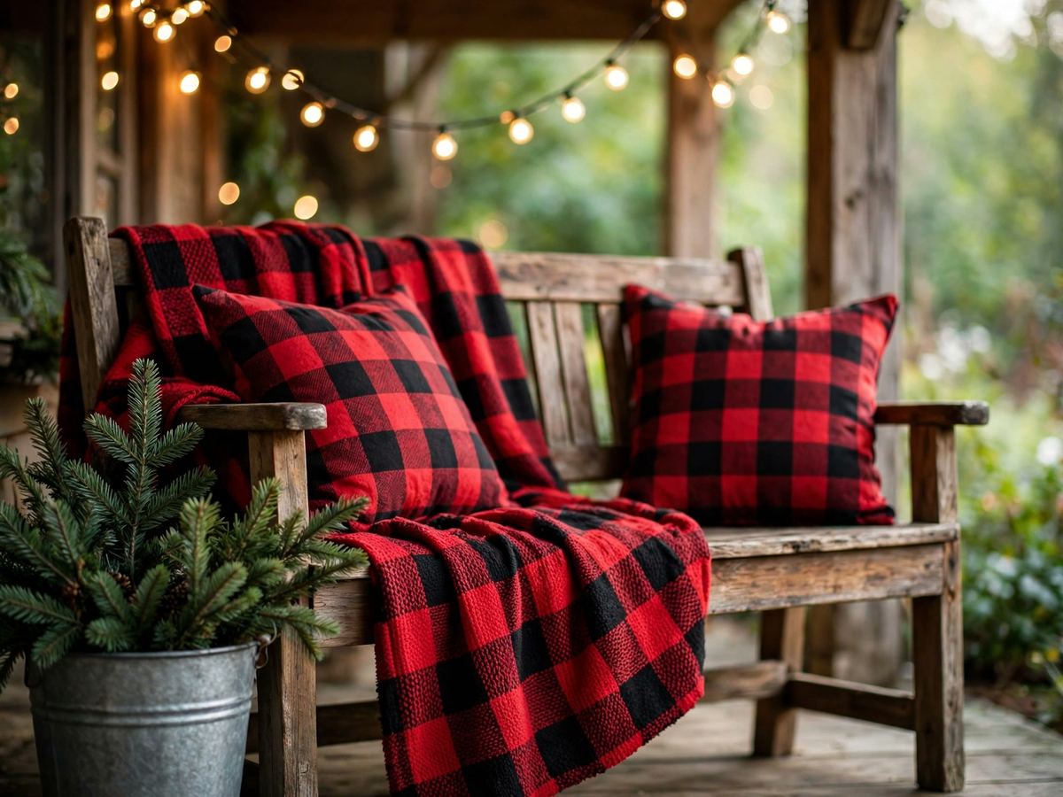 Porch bench with buffalo check blanket and pillows under warm white lights