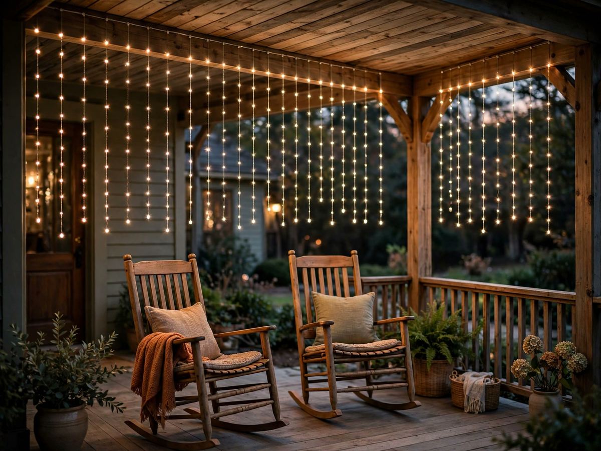 Covered front porch with warm white curtain lights hanging from the ceiling