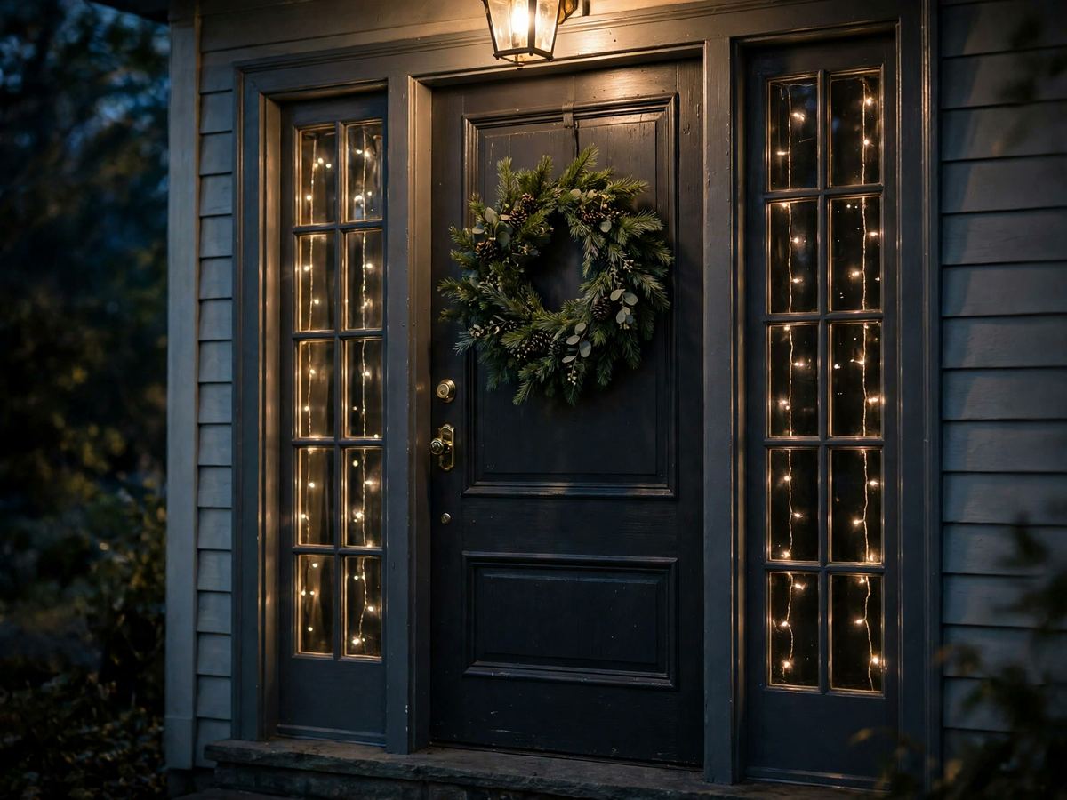 Front door with glass sidelights glowing with curtain lights behind the glass