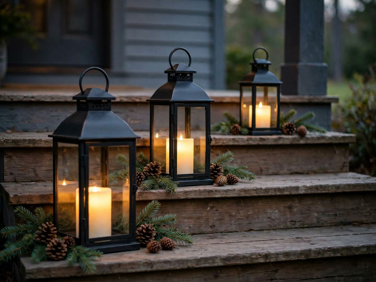 Porch steps with black lanterns holding LED candles