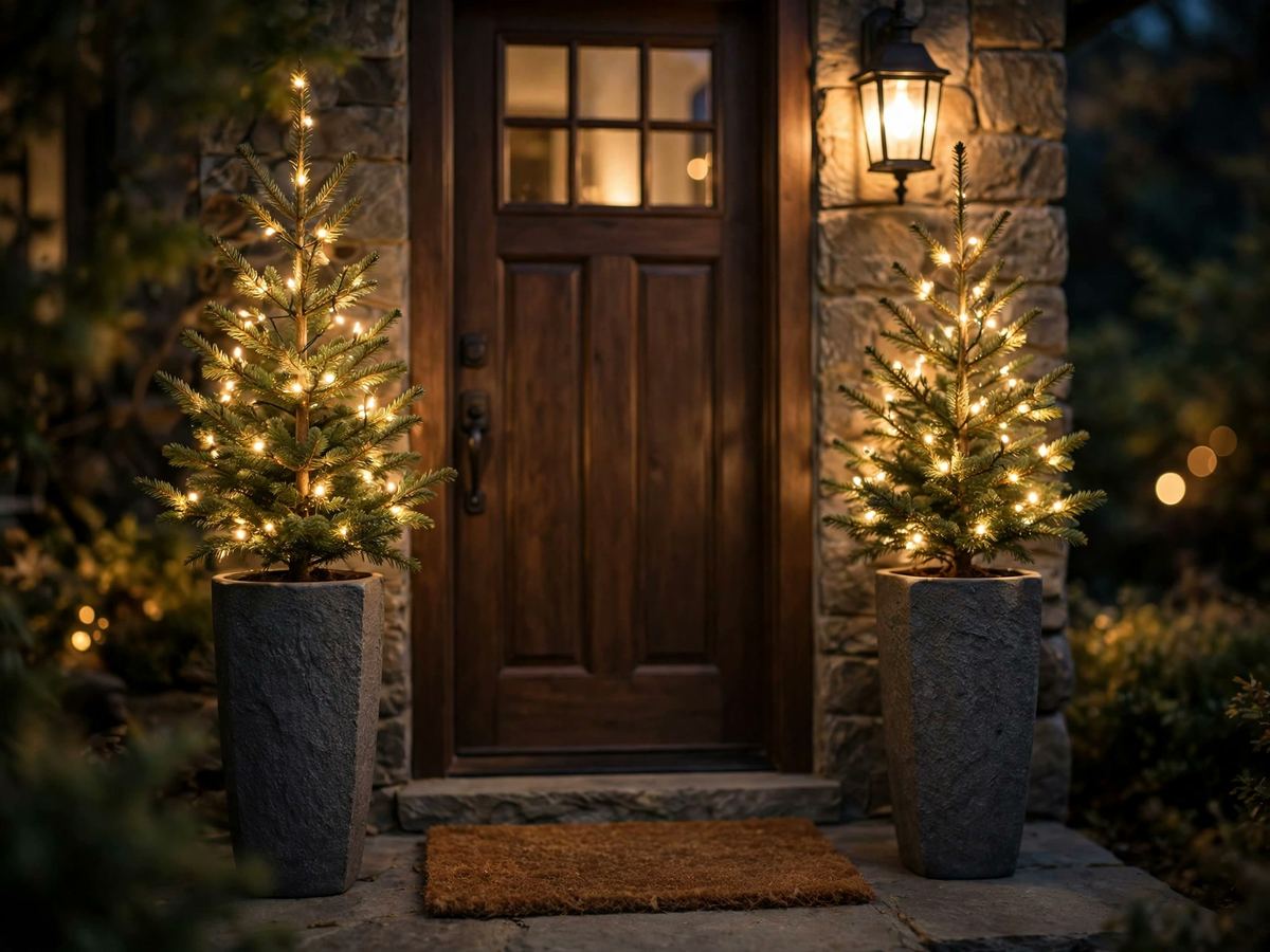 Two planters with small lit fir trees on either side of a front door