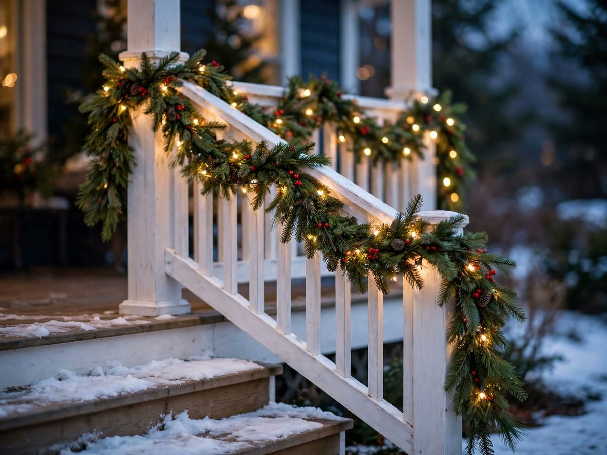 Porch railing wrapped in a lit evergreen garland with red berries