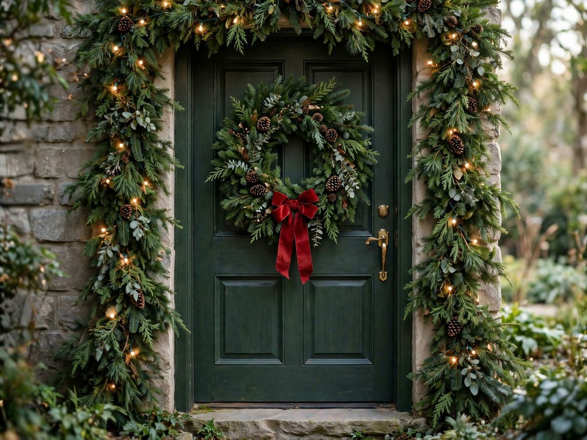 Front door framed by a lit garland with a wreath in the center